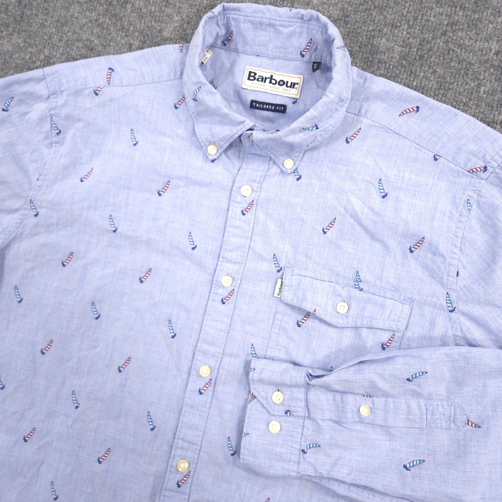Barbour Shirt Mens S Blue Sailboat Embroidered Sails Tailored Fit Button Down